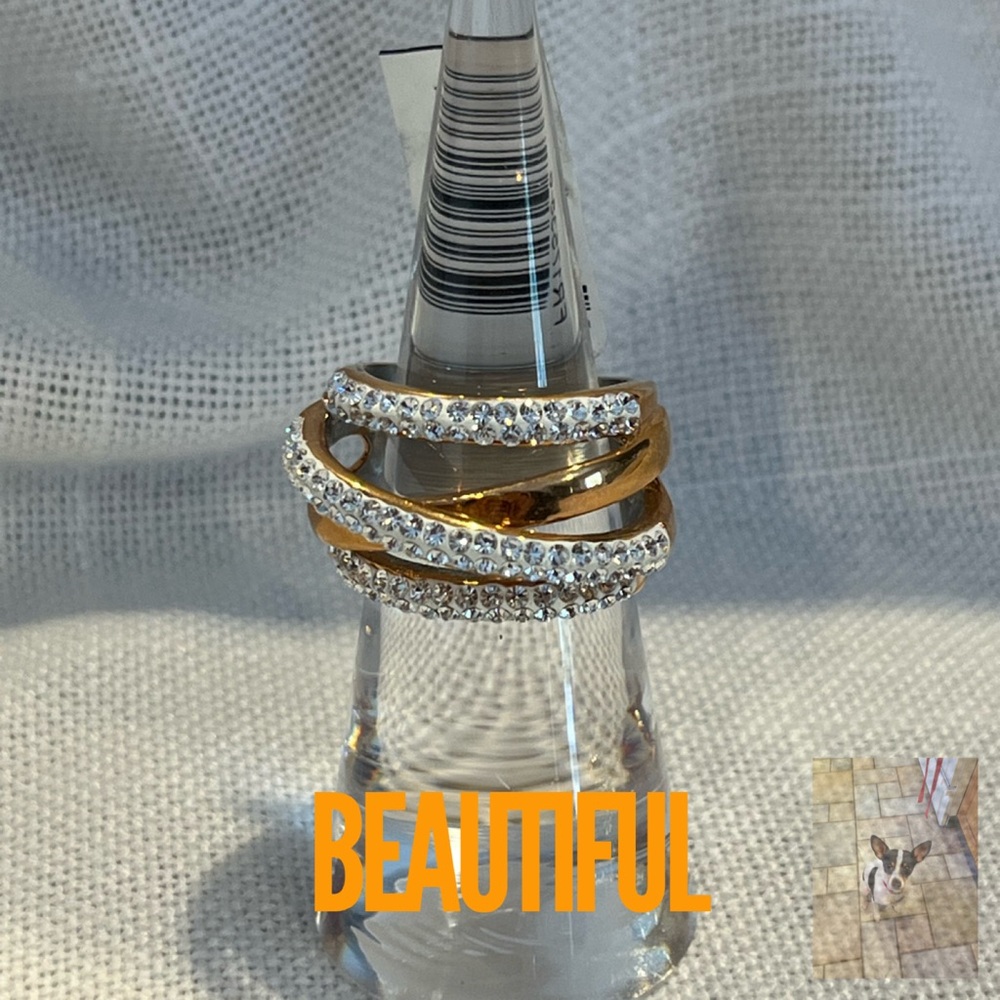 INOX Gold Tone and Rhinestone Ring, Sz 6